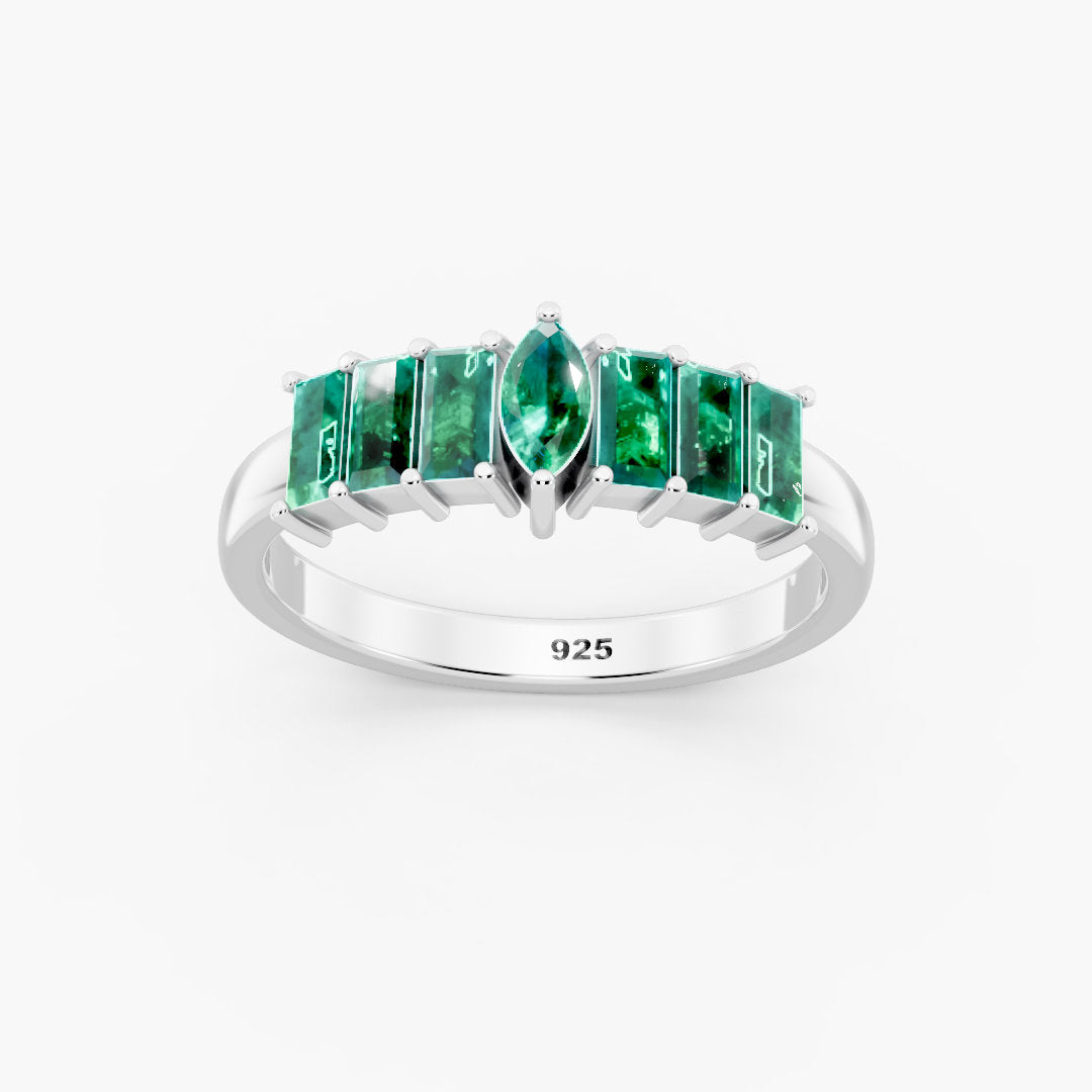 Marquise & Baguette Emerald Natural Gemstone 925 Sterling Silver Ring