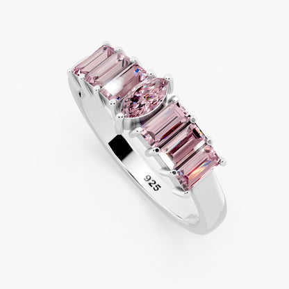 Rose Quartz Marquise & Baguette 925 Sterling Silver Ring