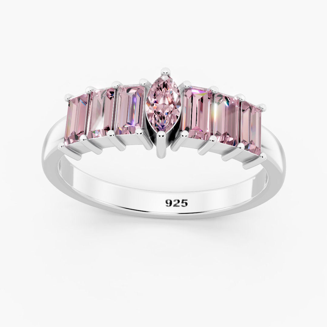 Rose Quartz Marquise & Baguette 925 Sterling Silver Ring