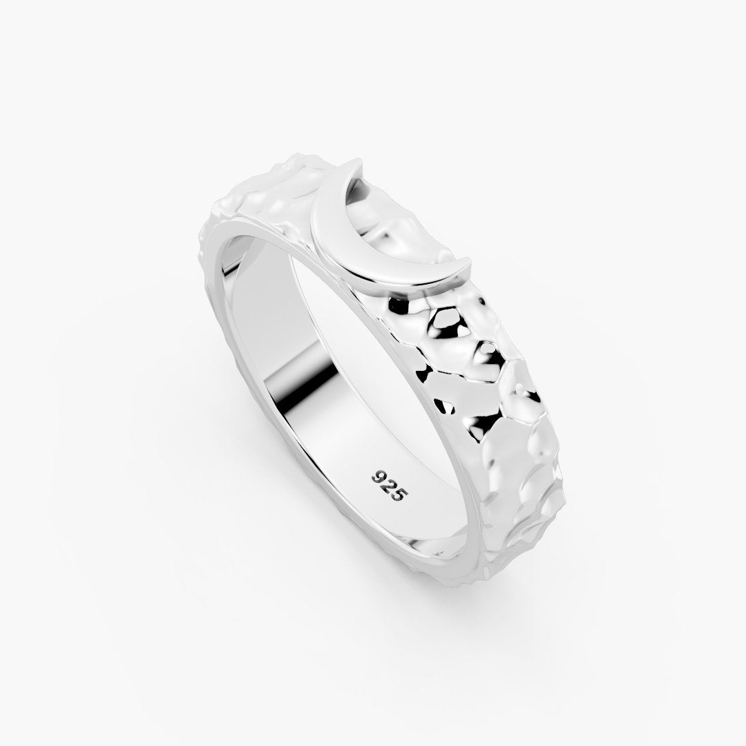 Hammered Crescent Moon 925 Sterling Silver Ring