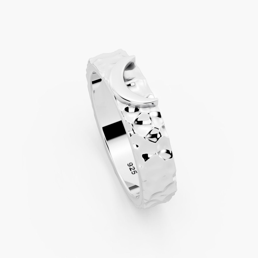 Hammered Crescent Moon 925 Sterling Silver Ring