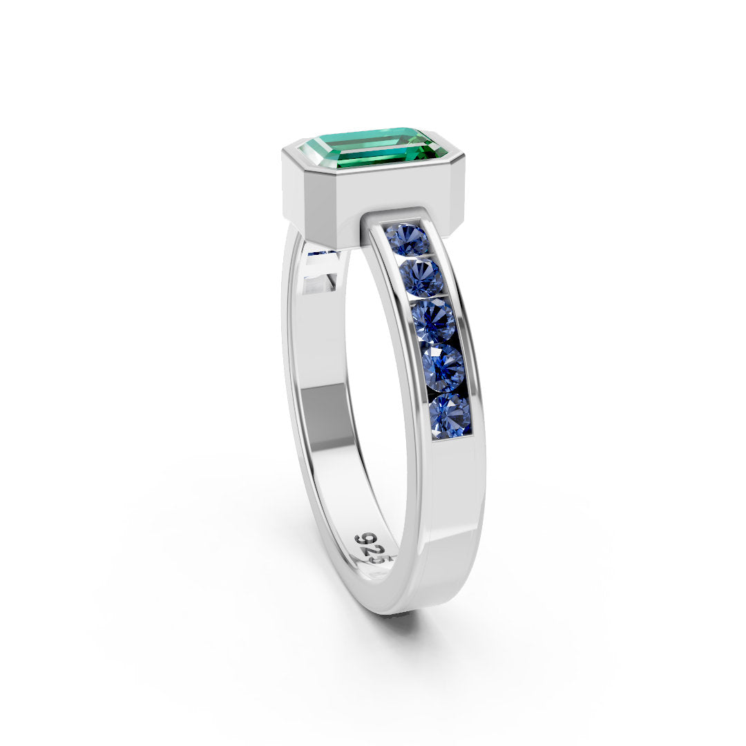 Emerald with Blue Topaz Natural Gemstone 925 Sterling Silver Ring