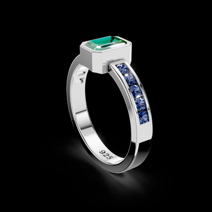 Emerald with Blue topaz Natural Gemstone 925 Sterling Silver Ring