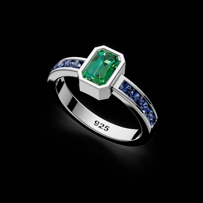 Emerald with Blue topaz Natural Gemstone 925 Sterling Silver Ring