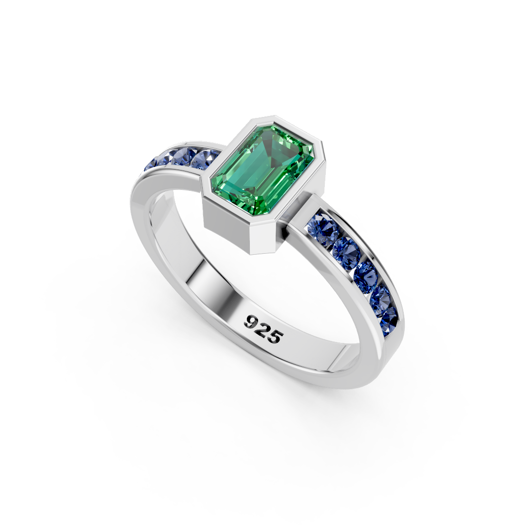 Emerald with Blue topaz Natural Gemstone 925 Sterling Silver Ring