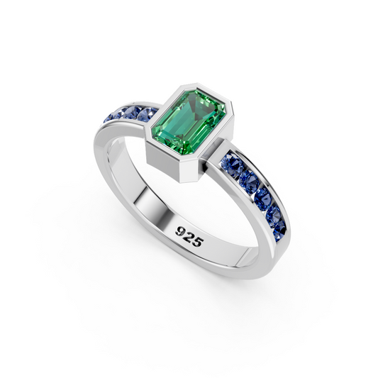 Emerald with Blue topaz Natural Gemstone 925 Sterling Silver Ring